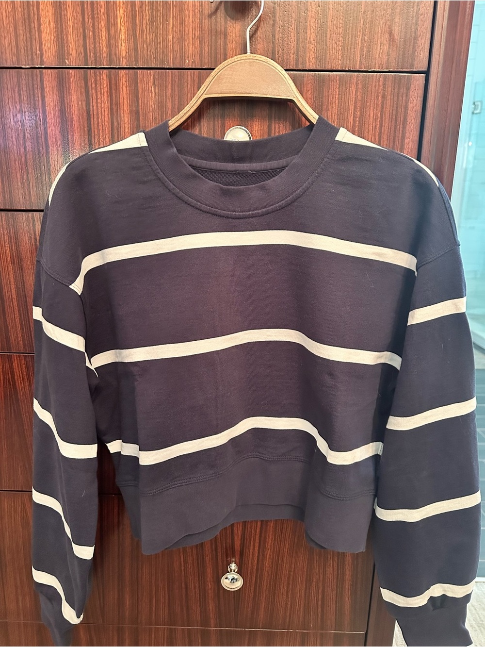 Lululemon Women's Navy and Cream Striped Crewneck Sweater